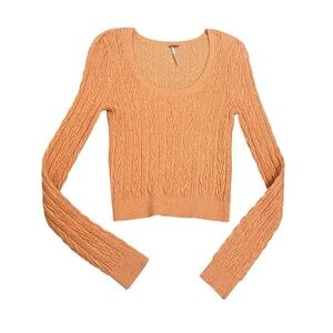 Free People Bright Orange Cable Knit Cropped Sweater Wool Blend Womens Sz Medium